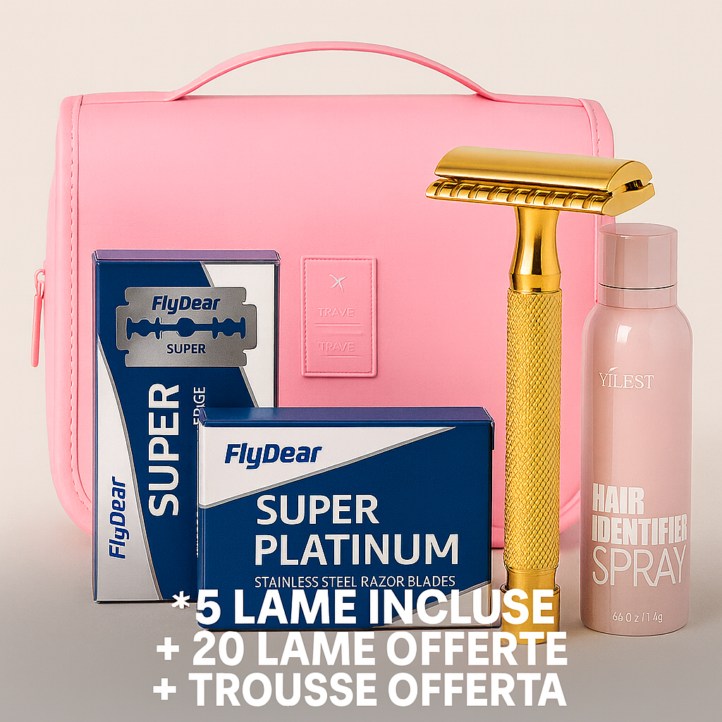 Pack Completo Belliora – Rasoio di Sicurezza (5 lame incluse) + 20 Lame Omaggio + Custodia in omaggio + Spray Illuminante