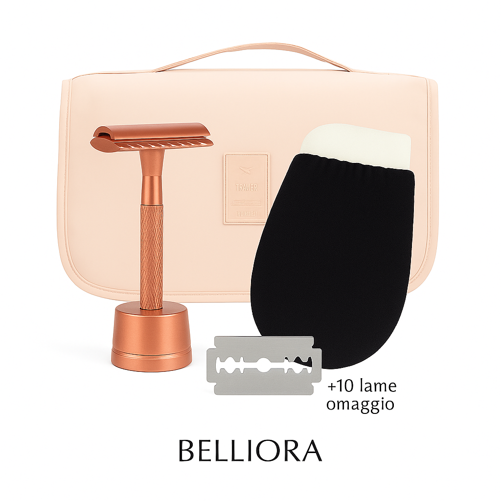 Pack 3-in-1: Rasoio di Sicurezza + 10 Lame + Guanto Esfoliante + Pochette in Omaggio