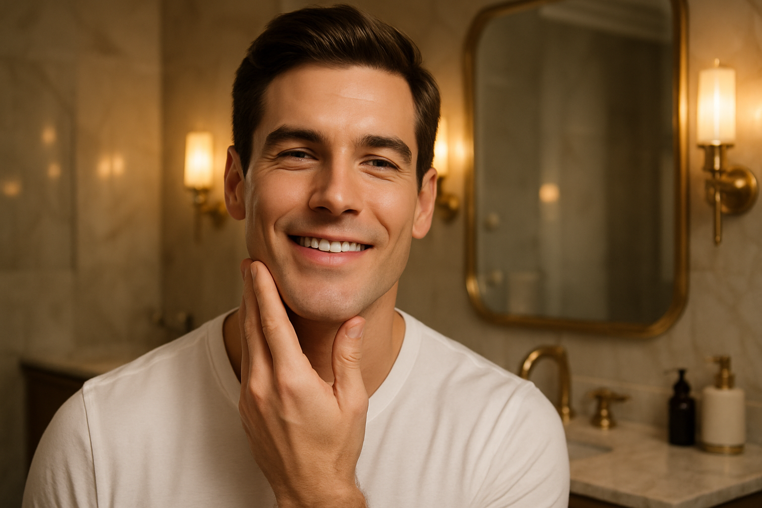 tu peux me généré un homme montrant son visage apres utilisation du rasoir sans montré le rasoir, fond décor salle de bain de luxe