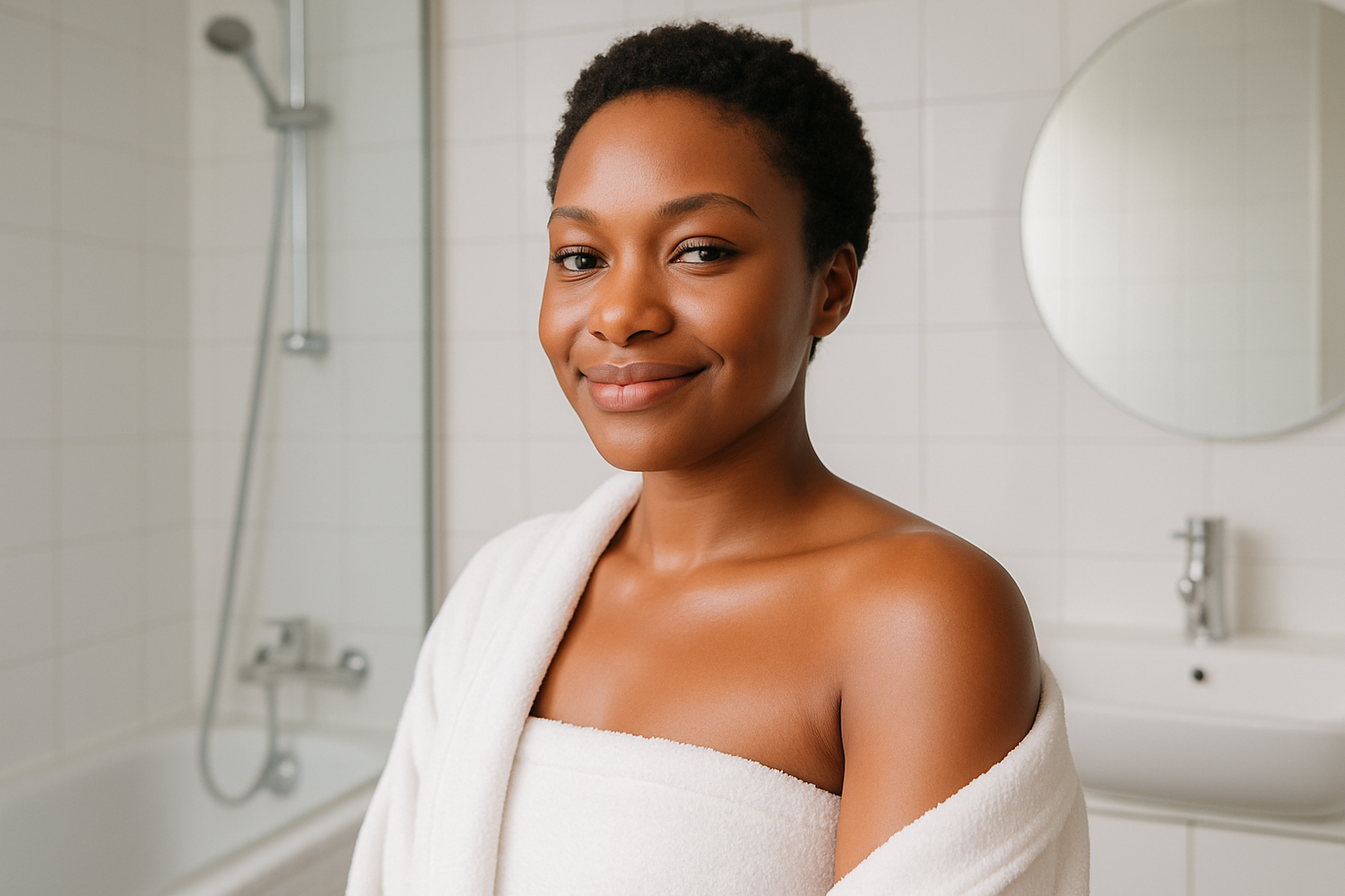 tu peux me généré une femme black apres le rasage dans une salle de bain sans montré le rasoir